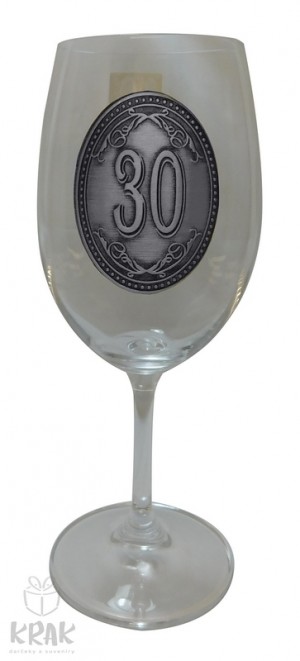 Pohár na víno - číre sklo - kov dekor - "K jubileu 30" - 2605-4